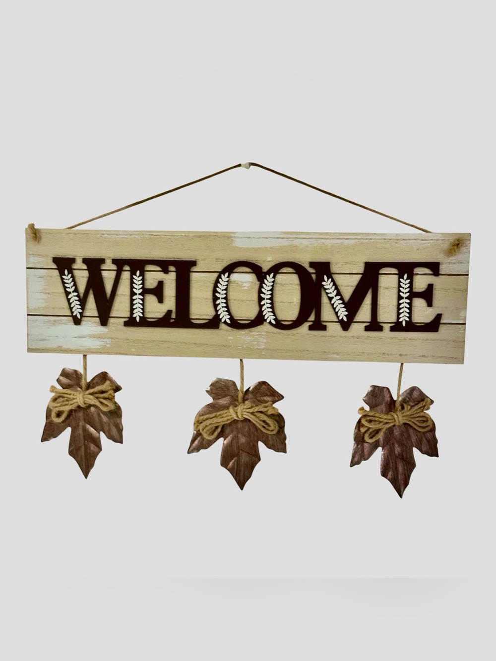 Welcome Hanging Wall Sign - Rustic White and Brown w/Metal Leaves